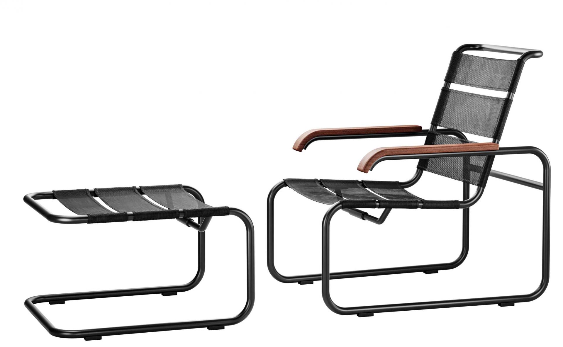 Thonet S 35 Outdoor Sessel mit Hocker: Schwarzes Stahlrohr, Holzarmlehnen, wetterfestes Netzgewebe.